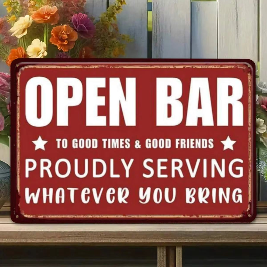 Open Bar Tin Metal Sign Rustic Wall Art For Pub Man Cave Game Room Backyard Party Decor Vintage Metal Signs Novelty Gift For Bartenders Cocktail Lovers Home Bar Decor Galvanized Iron Sign